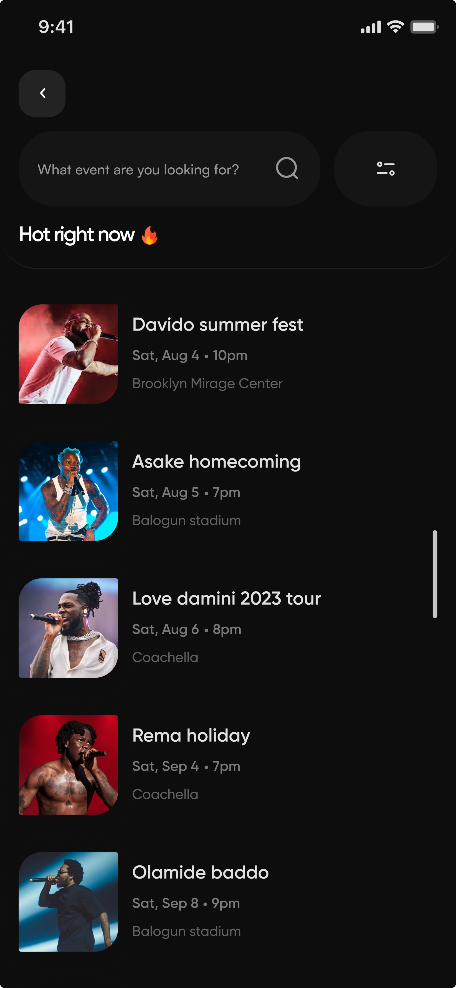 Cene artist discovery screen