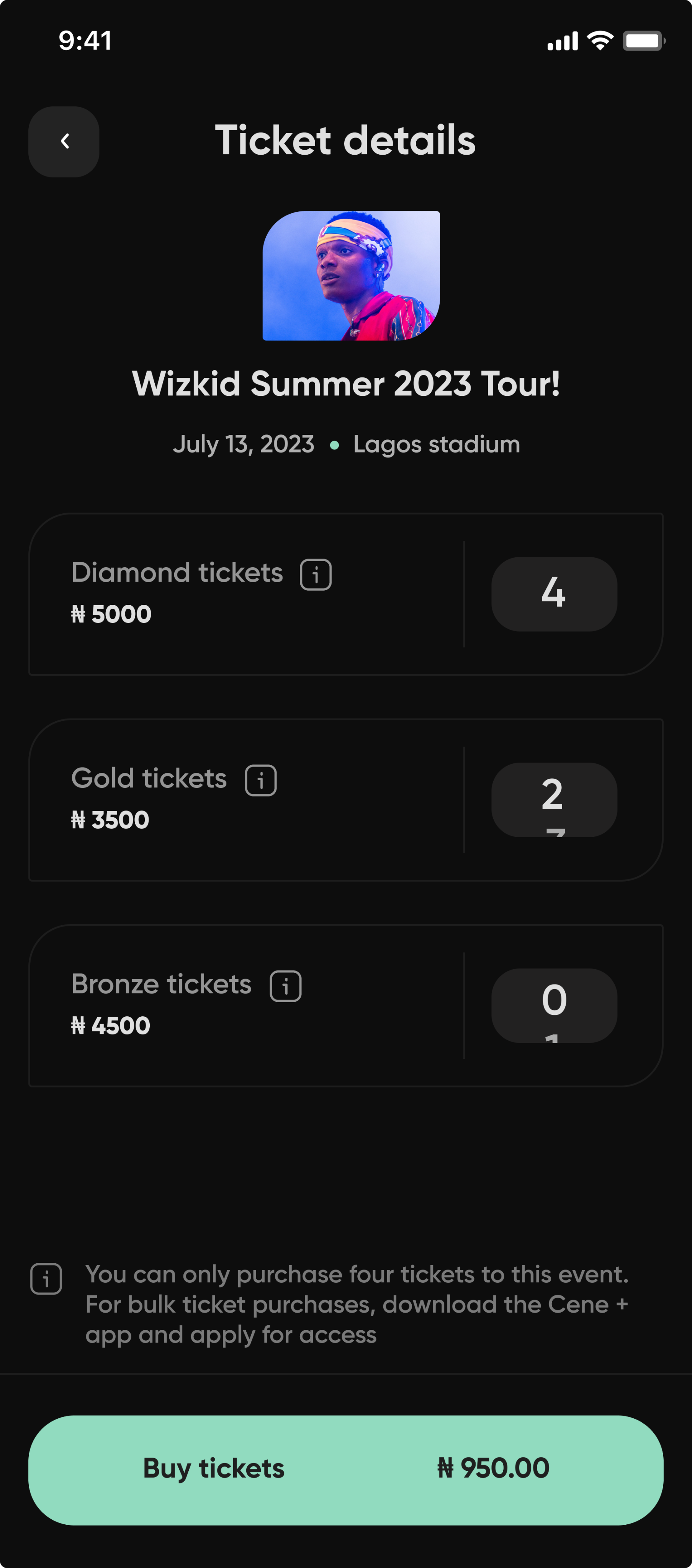Cene welcome / ticket details screen